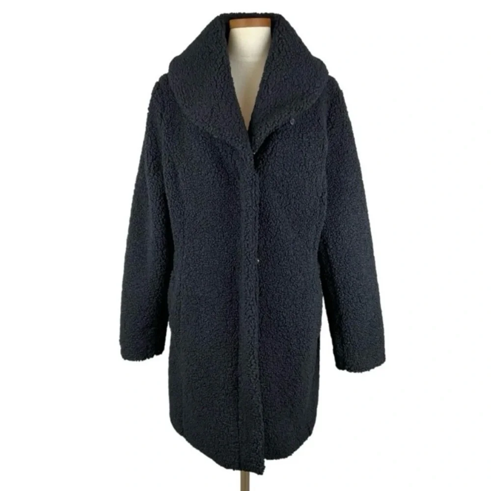 Cuddl Duds Black Curly Sherpa Shawl Collar Coat Sz XL - Picture 1 of 10